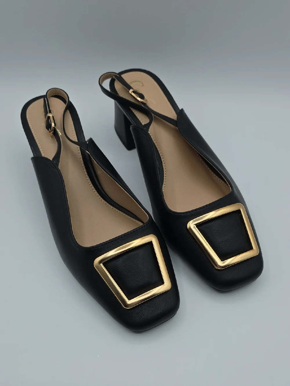 Black Slingback Block Heels with Gold Buckle Accent